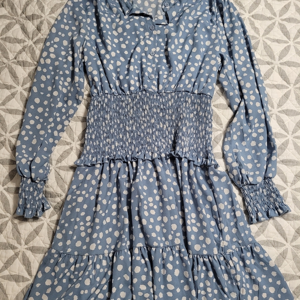 Pretty Garden blue and white polka dot dress
